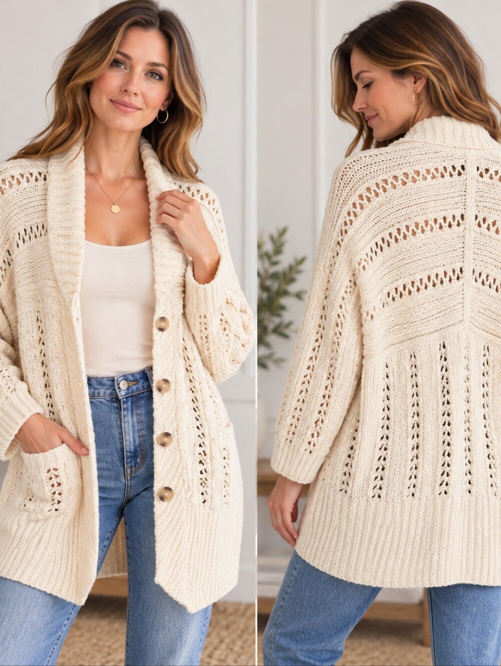 Free People Ivory Open Knit Cardigan Size M Boho Coastal Chic CottagecoreFree